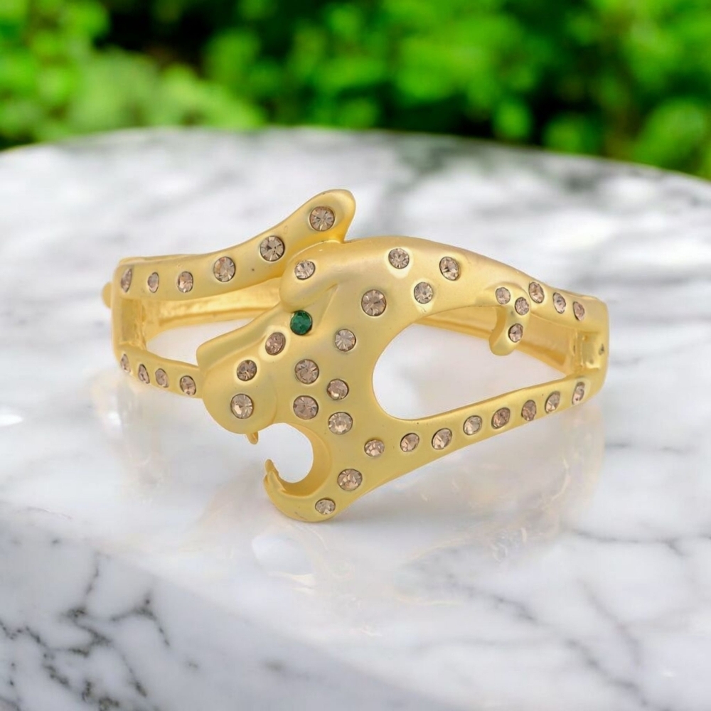 Chunky Matte Gold Panther Jeweled Crystal Hinge Bangle Bracelet Cuff